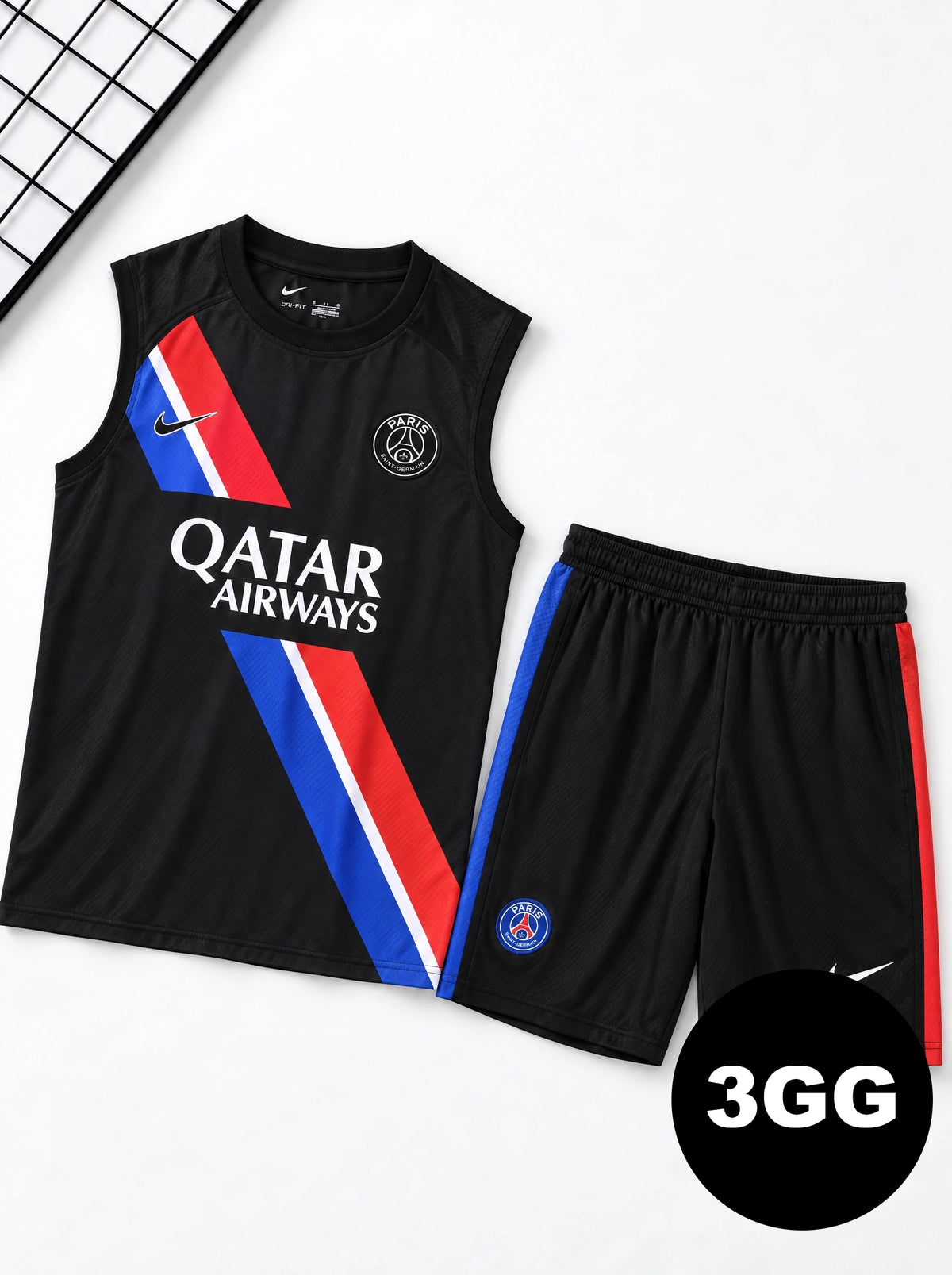 Kit Regata e Short PSG Treino Preto com Listra
