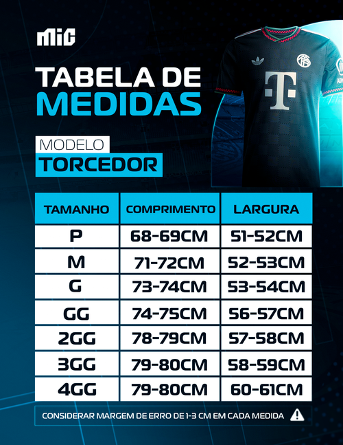 Tabela de medidas masculina torcedor