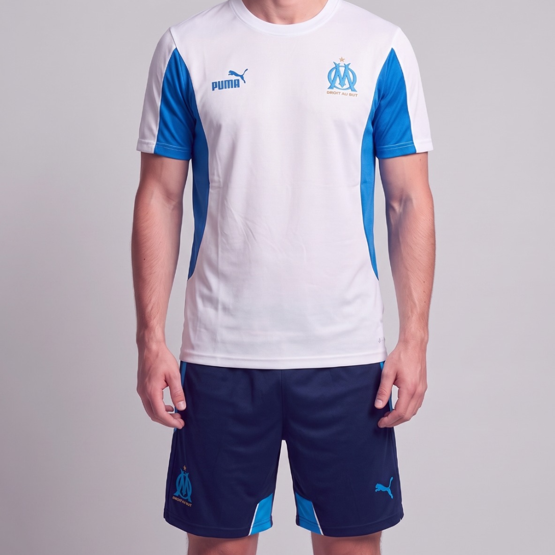 Kit Camisa e Short Olympique de Marseille Branco com Azul