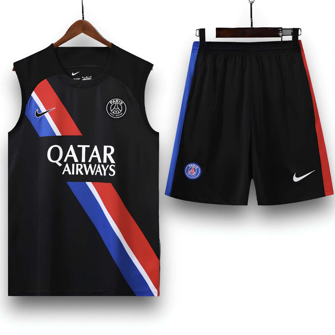 Kit Regata e Short PSG Treino Preto com Listra