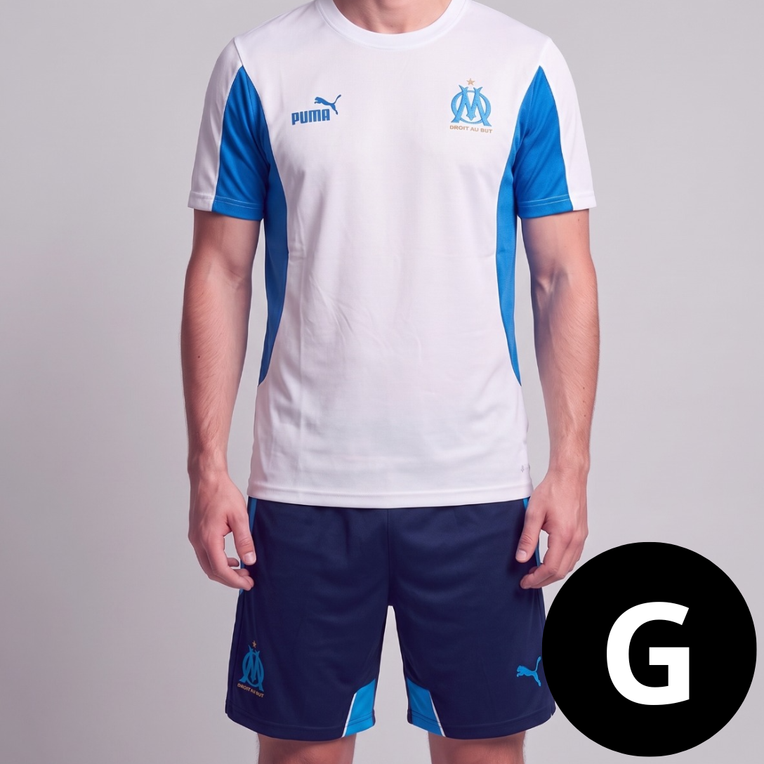 Kit Camisa e Short Olympique de Marseille Branco com Azul