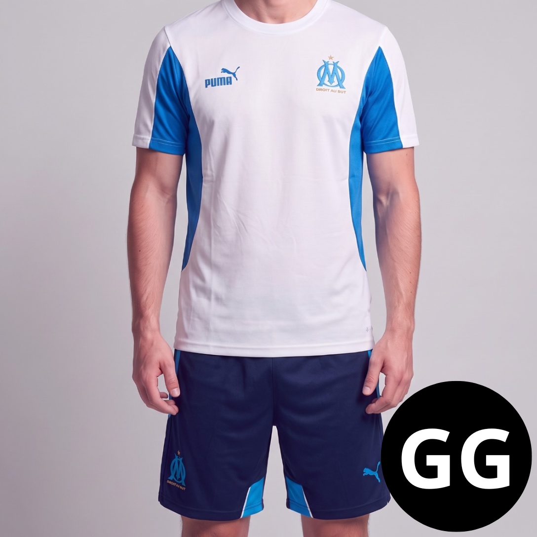 Kit Camisa e Short Olympique de Marseille Branco com Azul