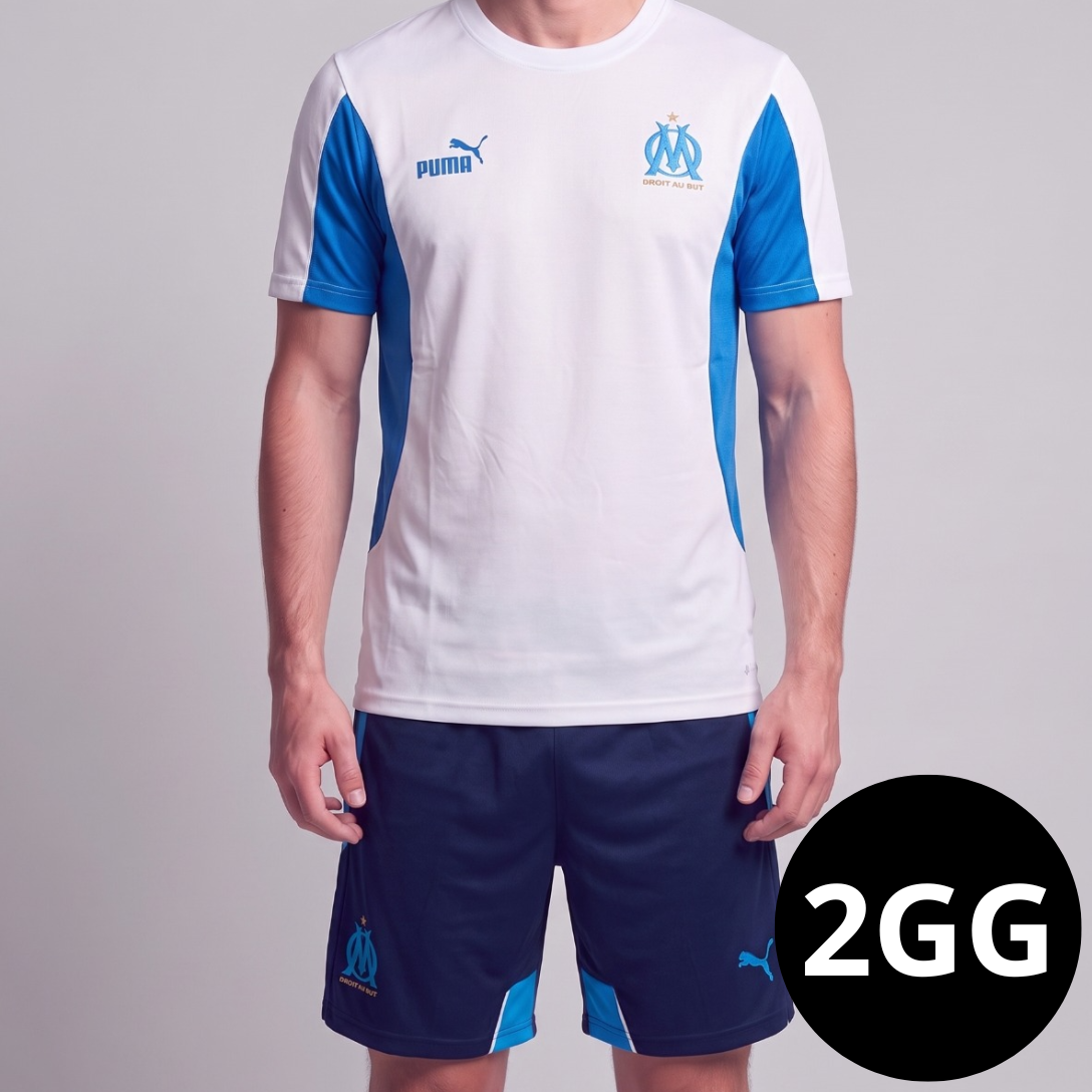 Kit Camisa e Short Olympique de Marseille Branco com Azul
