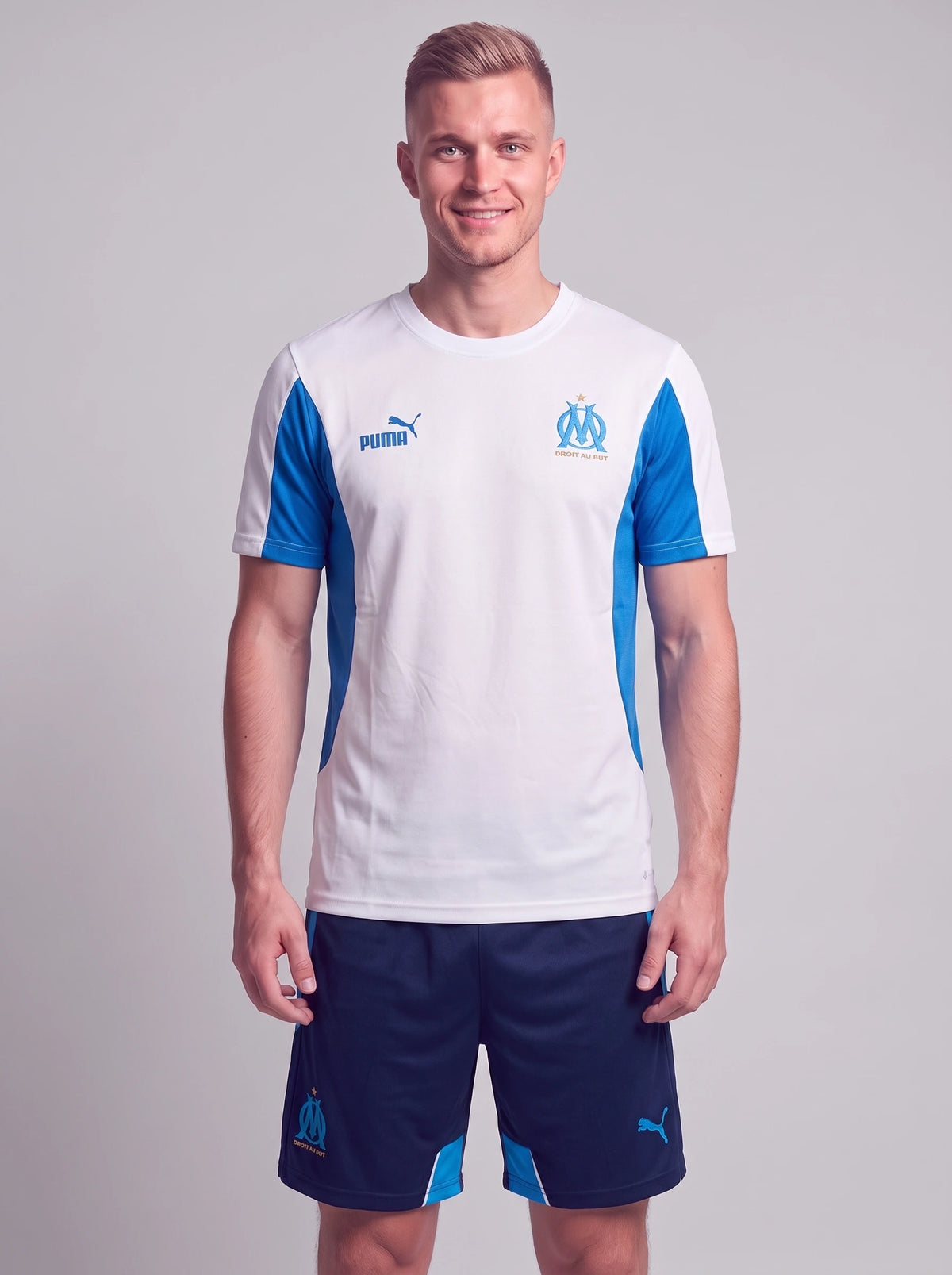 Kit Camisa e Short Olympique de Marseille Branco com Azul
