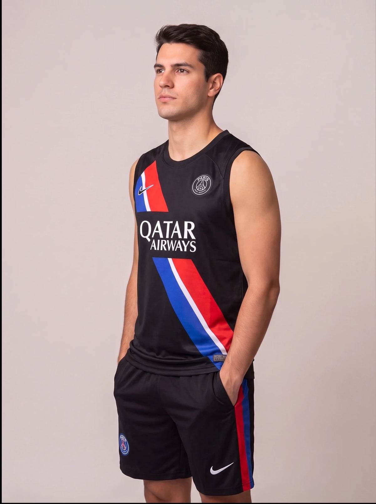 Kit Regata e Short PSG Treino Preto com Listra