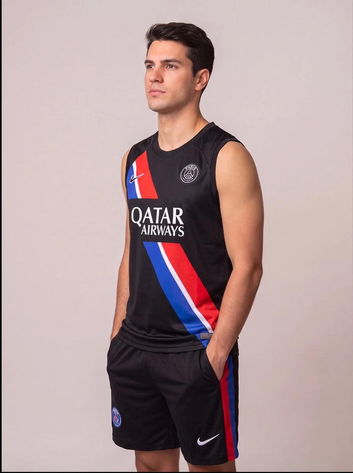 Kit Regata e Short PSG Treino Preto com Listra